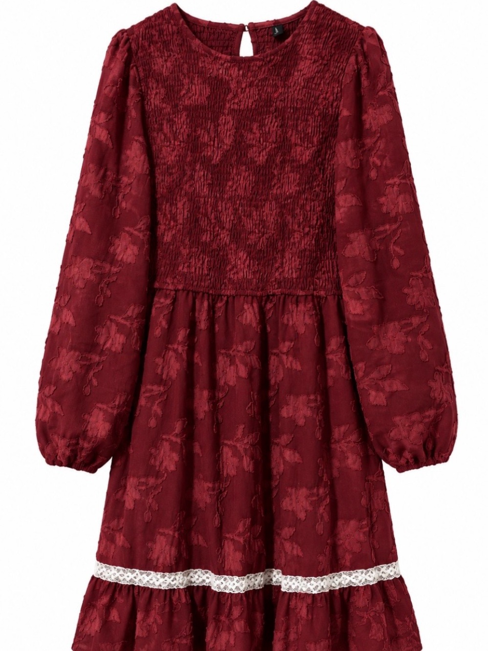 Girls' Burgundy Floral Textured Midi Dress with Smocked Bodice